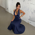 Damen elegantes Maxikleid mit tiefem V-Ausschnitt und raffiniertem Schleifendetail R&B