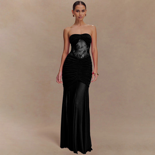 Damen Elegantes Maxikleid mit raffiniertem Spitzen-Einsatz und Raffung R&B