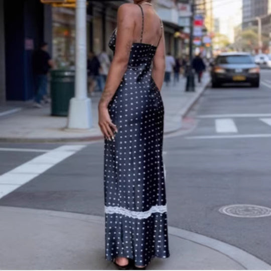 Damen Satin Nachthemd mit Spitzenapplikationen und Polka-Dots R&B