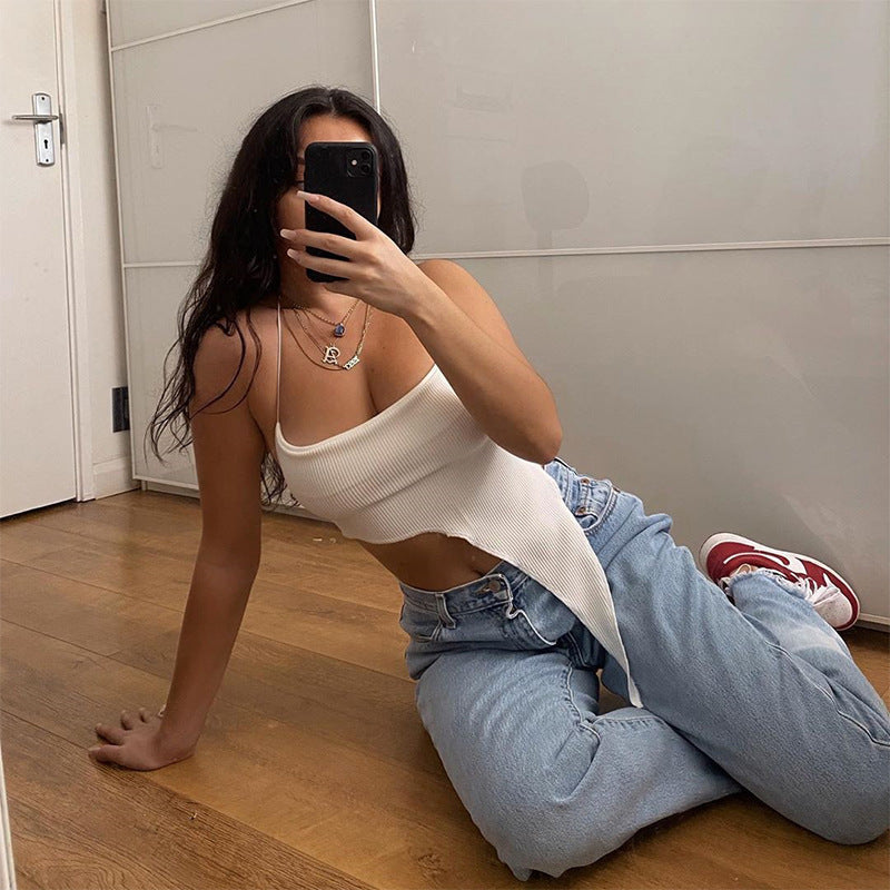 Damen asymmetrisches Crop-Top mit feinem Rippdesign und tiefem Ausschnitt R&B