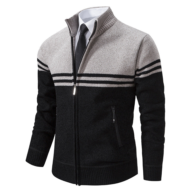 Herren sportliche und modische Strickjacke mit Reißverschluss und kontrastierenden Streifen R&B
