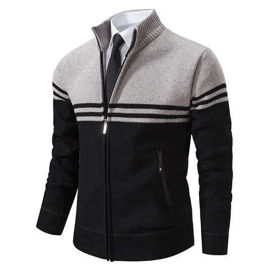 Herren sportliche und modische Strickjacke mit Reißverschluss und kontrastierenden Streifen R&B