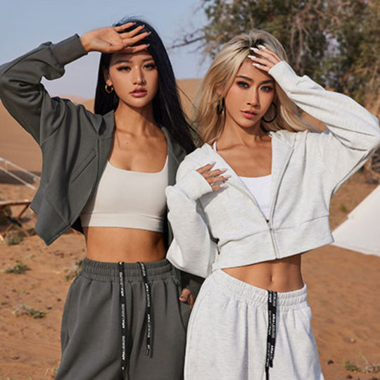 Damen modisches Cropped Sweat-Set mit praktischen Taschen und elastischem Bund R&B