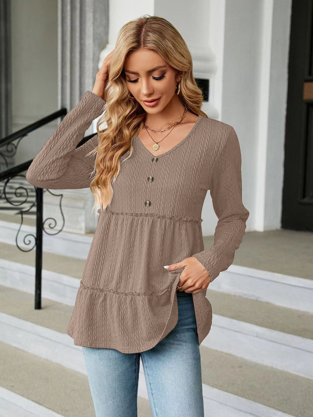 Damen Langarm Tunika mit Knopfdetail und Volant R&B