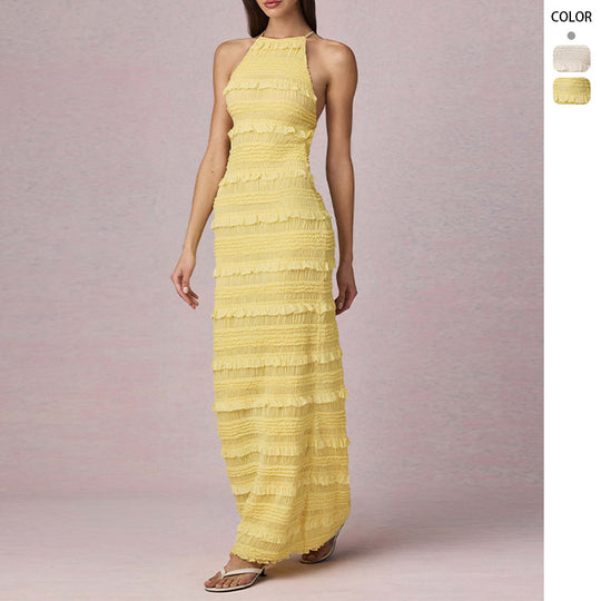 Damen Maxi-Kleid mit fransendem Design und elegantem Halterneck R&B