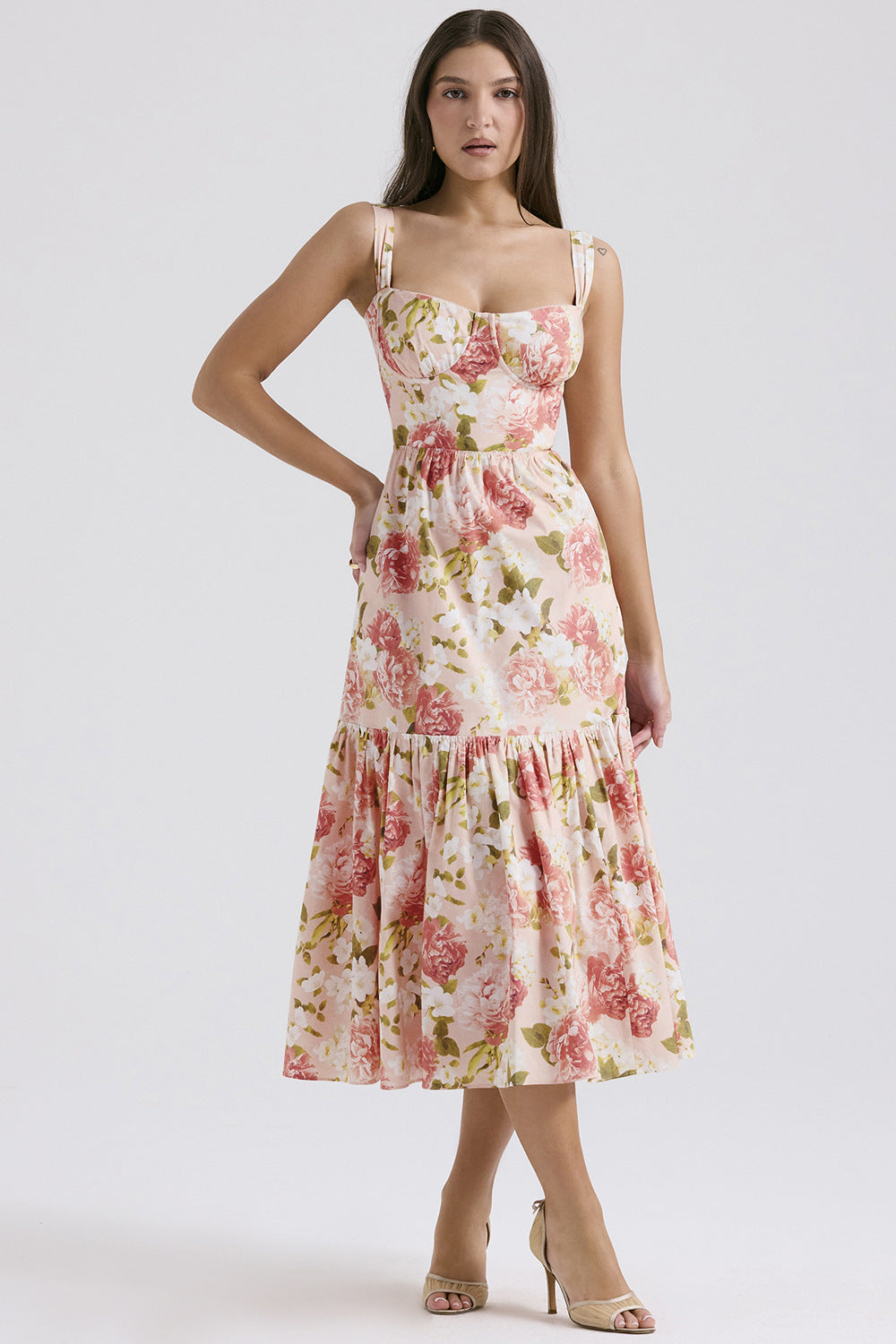 Damen Maxikleid mit floralem Print und voluminösem Rock R&B