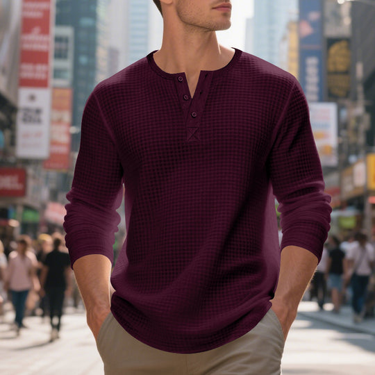 Herren nan thermoregulierendes Waffel-Thermalshirt mit Kurzknopfleiste und gerundetem Saum R&B