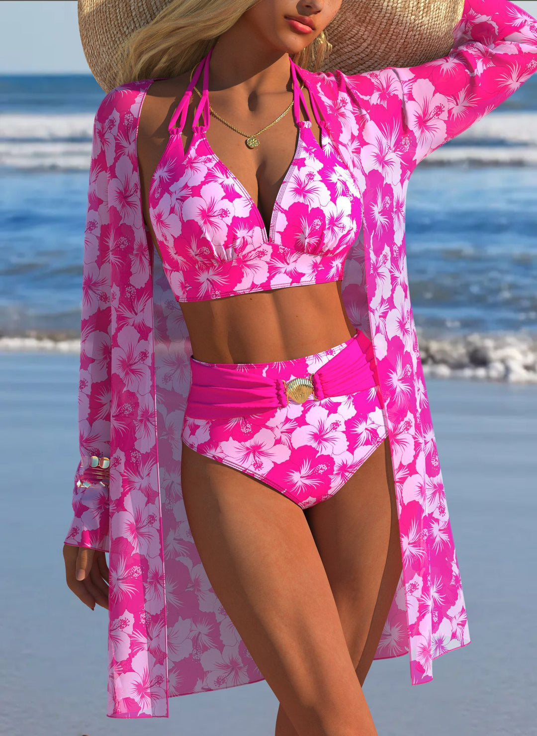 Damen Bikini-Set mit kreativem geometrischen Design und hohem Bund R&B