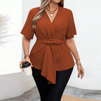 Damen Wickelbluse mit asymmetrischem Saum und Taillengürtel R&B
