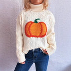 Damen Strickpullover mit Rollkragen und fröhlichem Kürbisdesign R&B