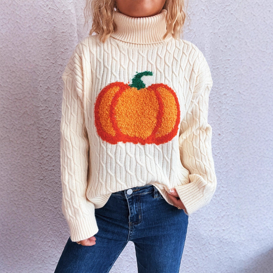 Damen Strickpullover mit Rollkragen und fröhlichem Kürbisdesign R&B