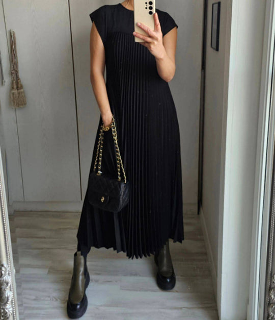 Damen nan fließendes plissiertes Maxikleid mit überschnittenen Schultern und Eingrifftaschen R&B