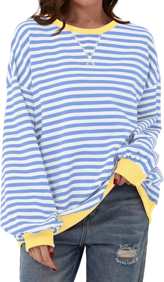 Damen lässiger Oversized Sweatshirt mit bunten Streifen und Kapuzenkordel R&B