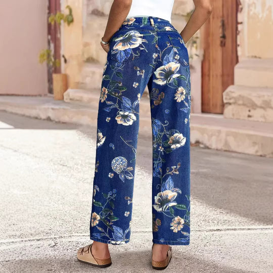 Damen Weit geschnittene Jeans mit floralem Druck und hohem Bund R&B
