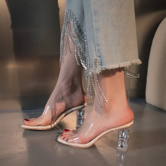 Damen elegante transparente Mules mit glitzerndem Blockabsatz R&B