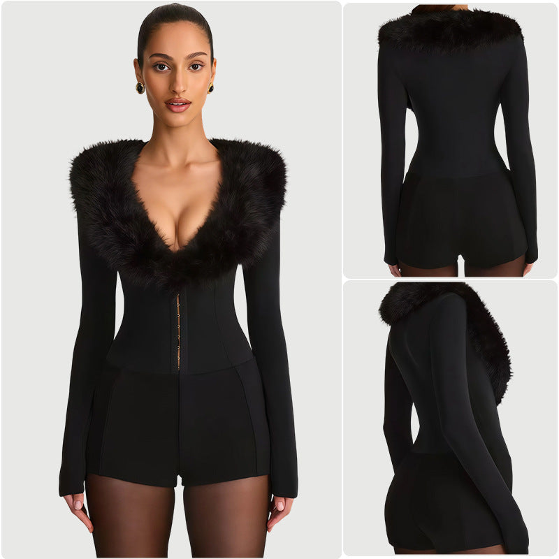 Damen Jumpsuit mit königlichem Fellkragen und figurbetontem Schnitt R&B