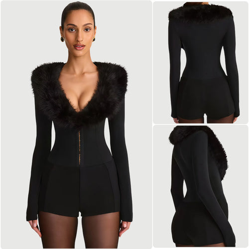 Damen Jumpsuit mit königlichem Fellkragen und figurbetontem Schnitt R&B