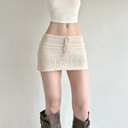 Damen Mini-Strickrock mit luftiger Häkelstruktur und verstellbarem Bund R&B