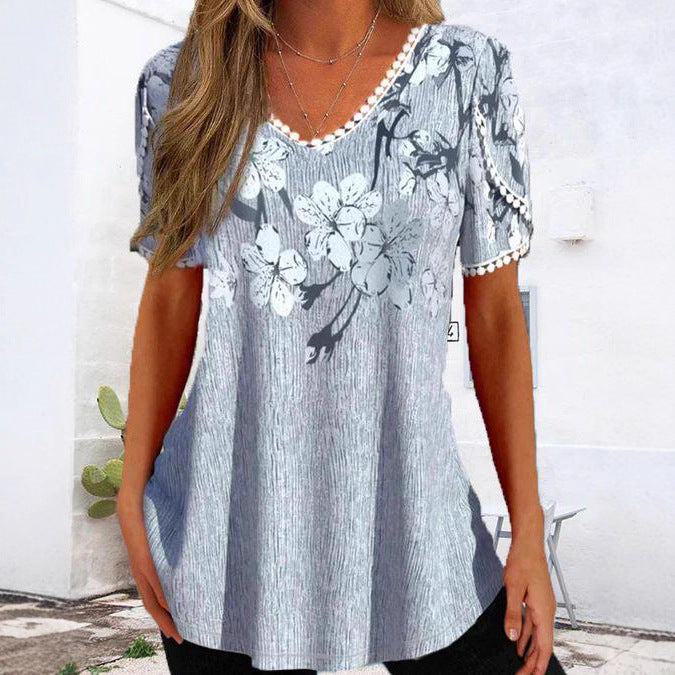 Damen nan legeres V-Ausschnitt-Tunikashirt mit floralem Muster und Pomponbesatz R&B