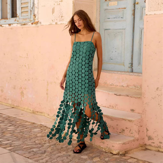 Damen Maxikleid mit dekorativen Häkelapplikationen und seitlichen Schlitzen R&B