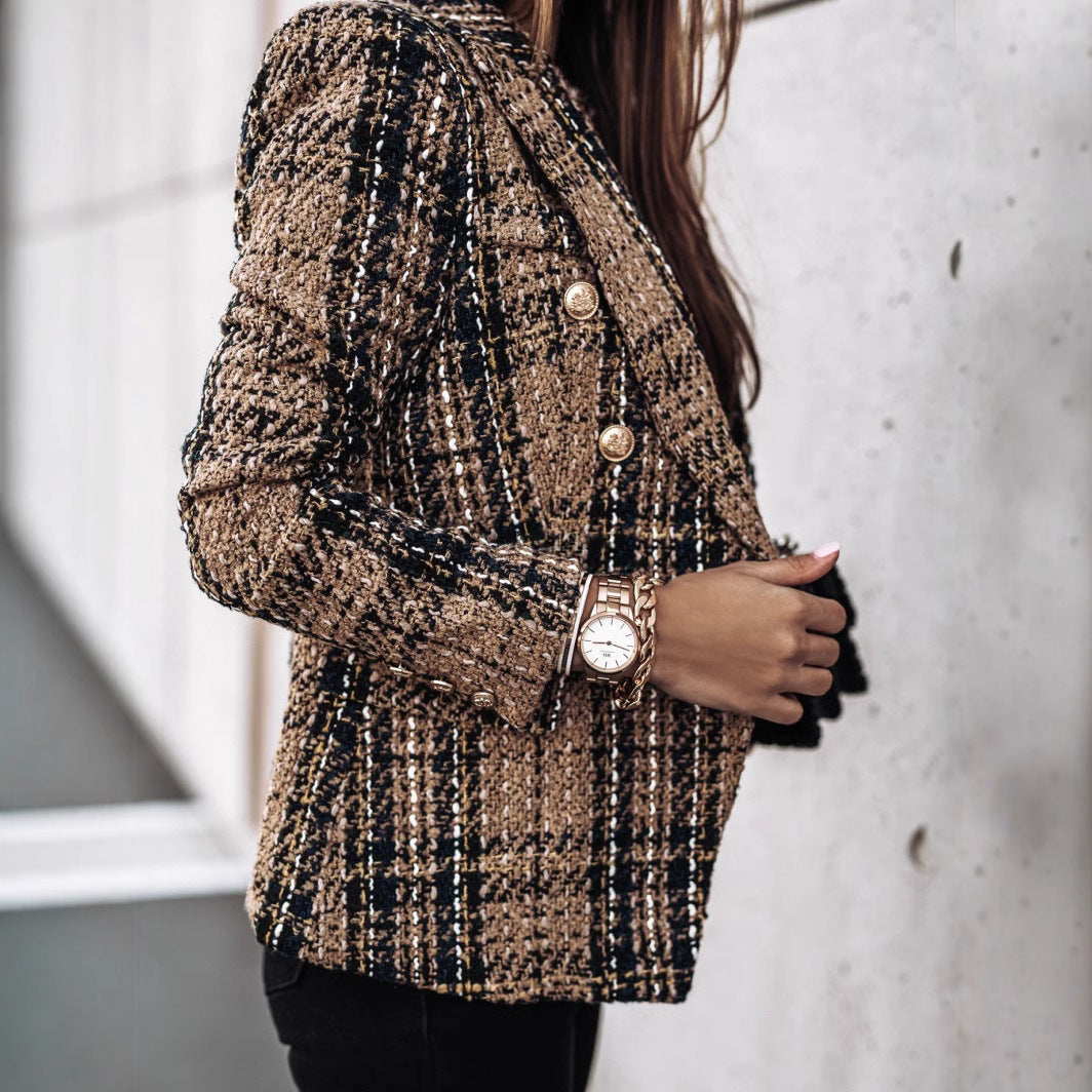 Damen Modischer Tweed-Blazer mit doppelter Knopfleiste und strukturiertem GewR&Be R&B