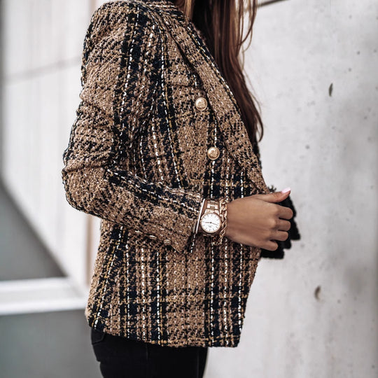Damen Modischer Tweed-Blazer mit doppelter Knopfleiste und strukturiertem Gewebe R&B