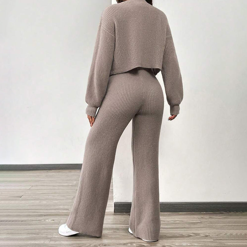Damen Set aus weichem Strick mit lässiger Hose und Crop-Cardigan R&B