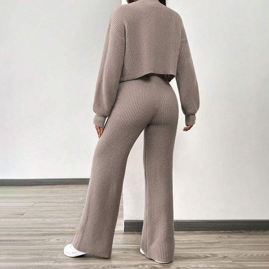 Damen Set aus weichem Strick mit lässiger Hose und Crop-Cardigan R&B