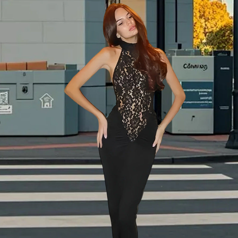 Damen Elegantes Spitzen-Maxikleid mit tiefem V-Ausschnitt und figurbetontem Schnitt R&B