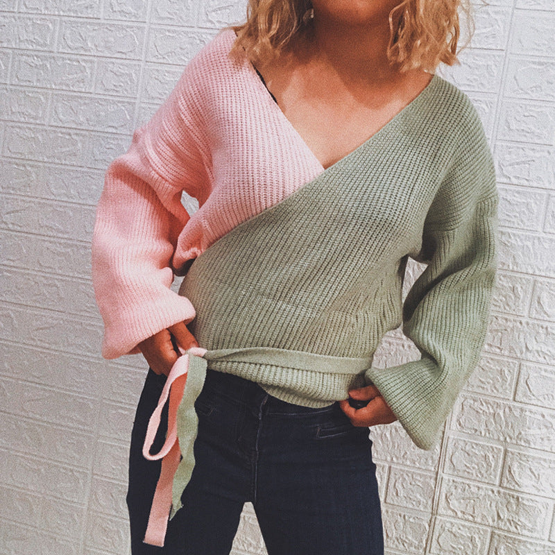 Damen Wickelpullover mit elegantem Rippdesign und modischen BindR&Bändern R&B