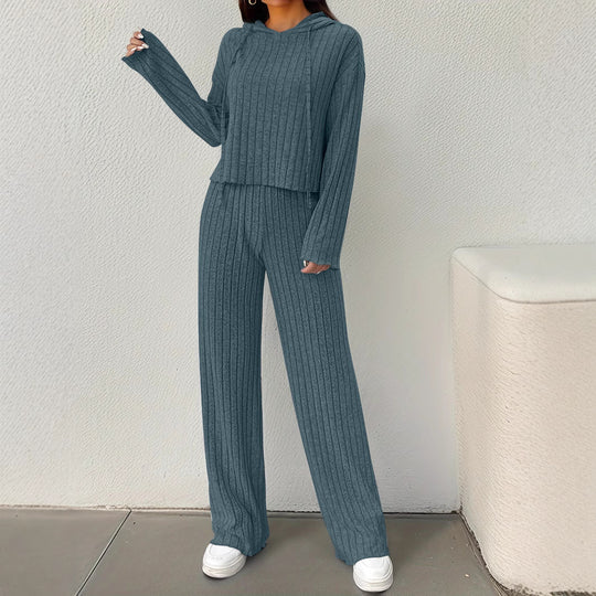 Damen lässiges Strick-Lounge-Set mit Kapuze und weitem Schnitt R&B