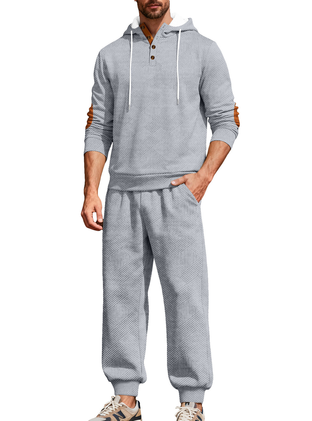 Herren nan strukturiertes Kapuzen-Joggingset mit Henley-Knopfleiste und Kontrast-Ellenbogenpatches R&B