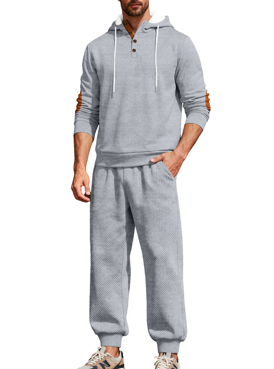 Herren nan strukturiertes Kapuzen-Joggingset mit Henley-Knopfleiste und Kontrast-Ellenbogenpatches R&B