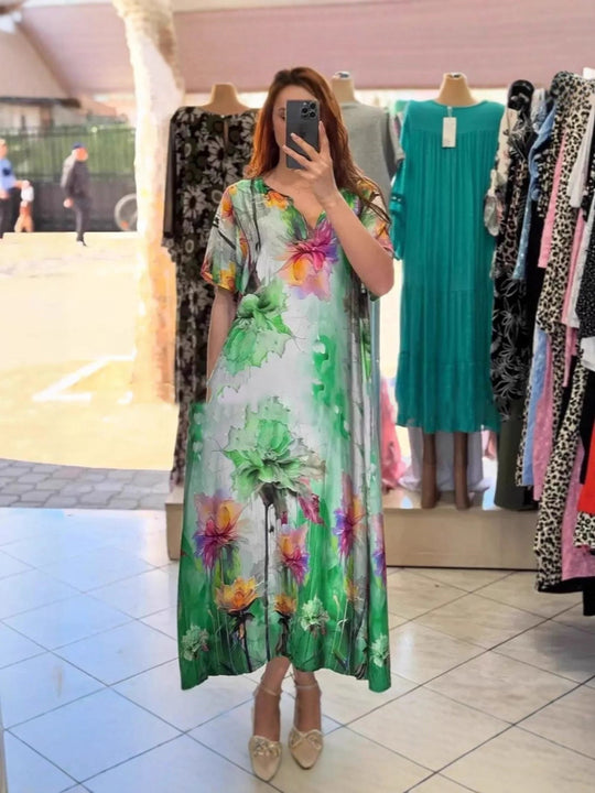 Damen nan fließendes Maxi-Kaftankleid mit V-Ausschnitt und großflächigem Aquarell-Blumenprint R&B