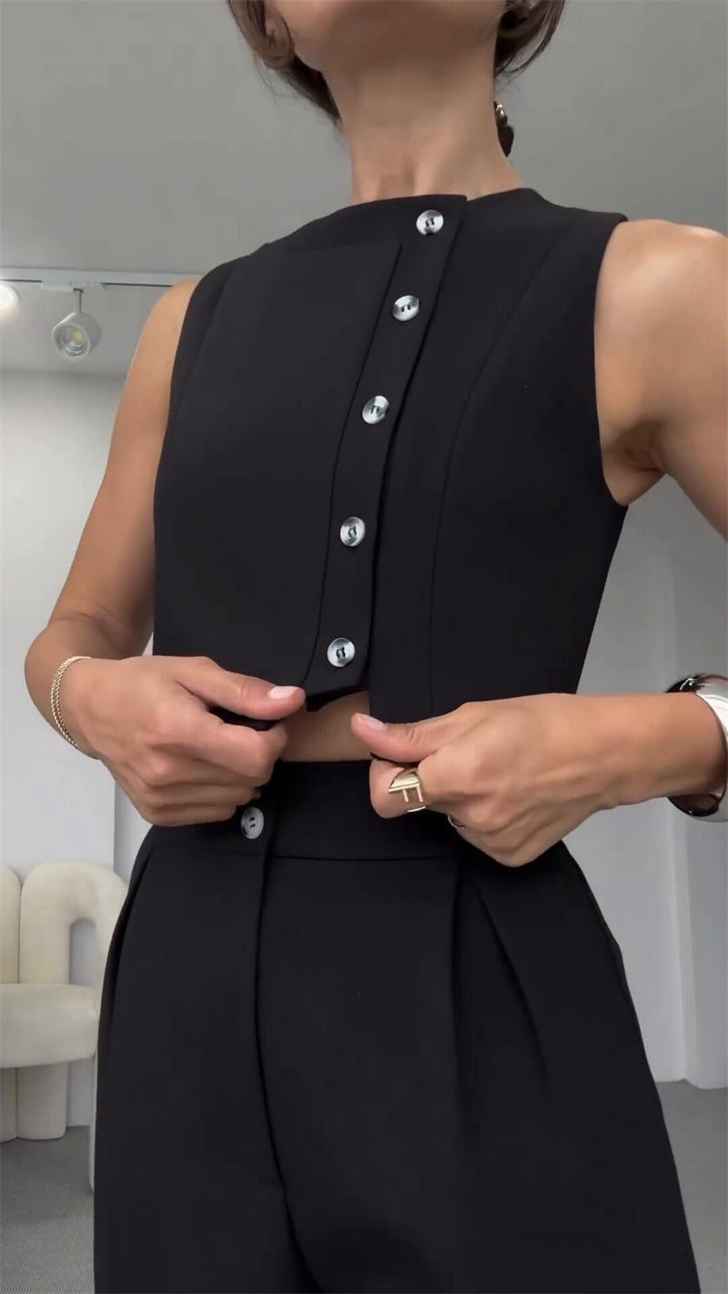 R&B | Ärmelloses Knopf Down Weste Top Hochtaillierte Gekürzte Hose Zwei Teile Satz