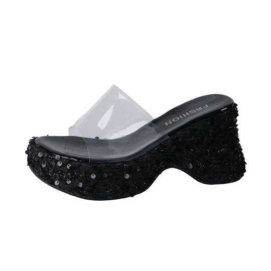 Damen Glamouröse Plattform-Mules mit glitzerndem Design und ergonomischer Sohle R&B