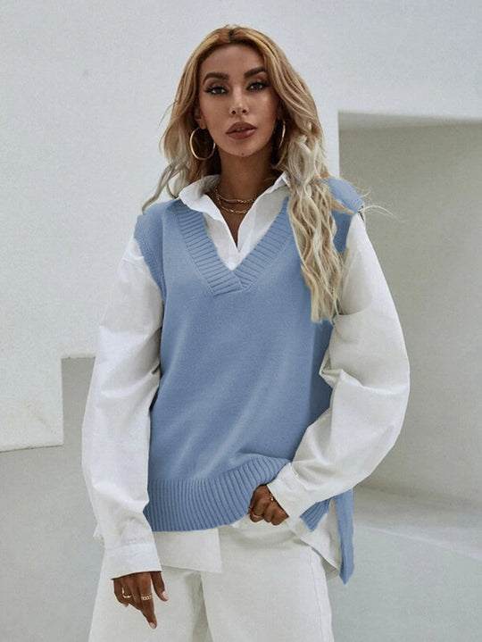 Damen Strickweste mit V-Ausschnitt und breitem Rippdesign R&B