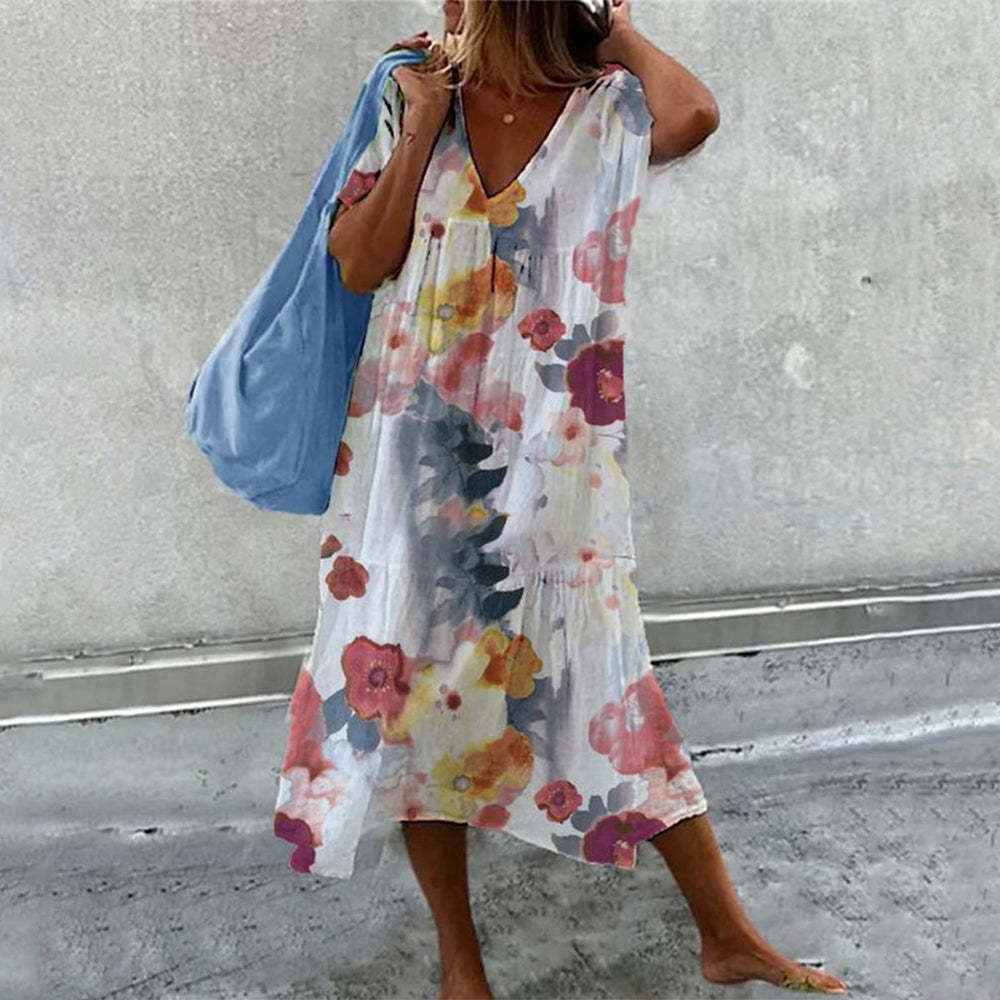 Damen luftiges Maxikleid mit floralem Muster und V-Ausschnitt R&B