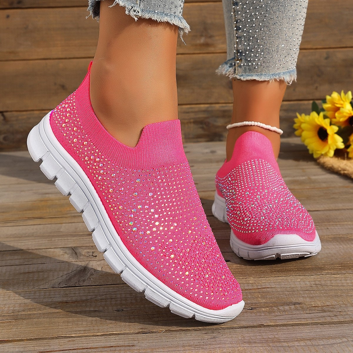 Damen Slip-On Sneakers mit funkelnden Strass-Applikationen R&B