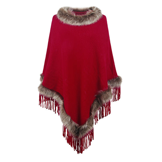 Damen eleganter Poncho mit luxuriösem Kunstfellkragen und dekadenten Fransen R&B