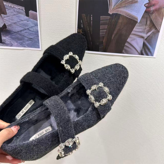 Damen elegante Filz-Mary Jane Schuhe mit schimmernden Schnallen R&B