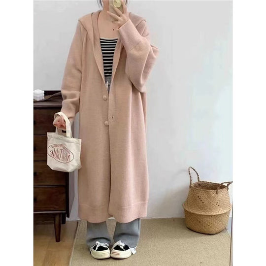 Damen Langer Strickcardigan mit Kapuze und praktischen Knöpfen R&B
