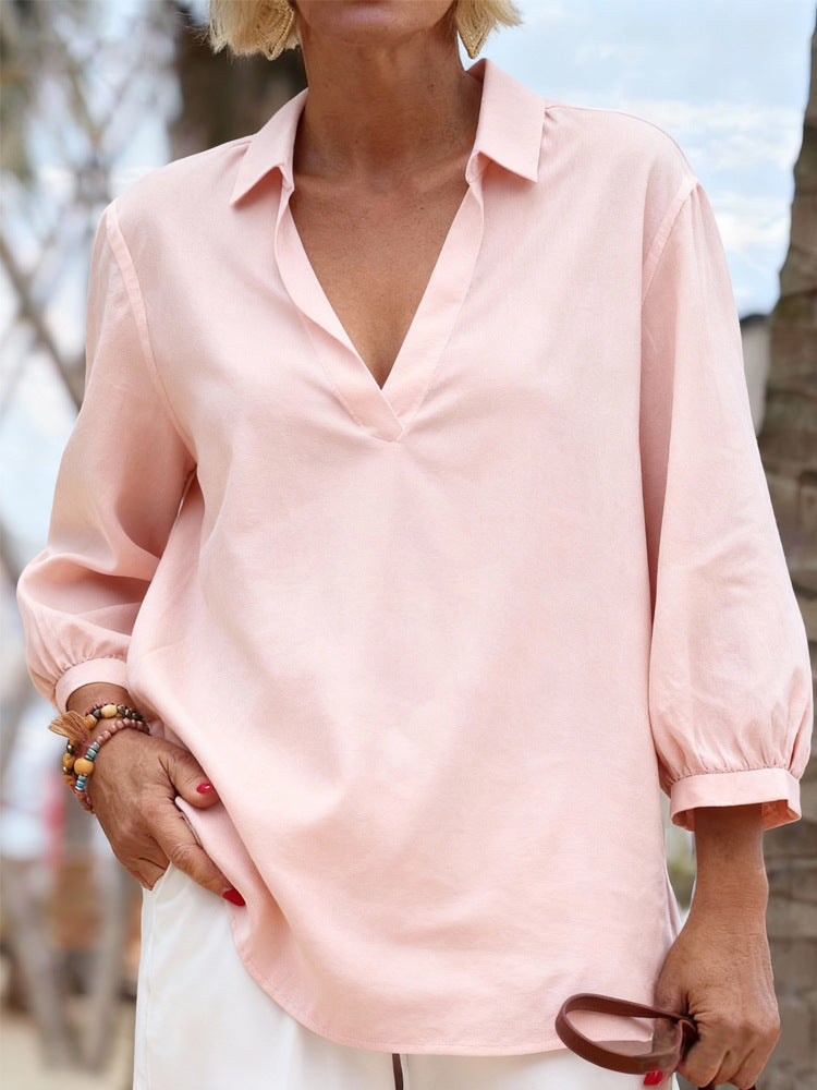 Damen Bluse mit lässigem V-Ausschnitt und elastischen Ärmeln R&B
