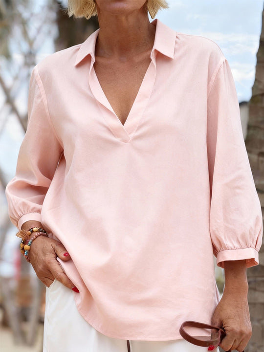 Damen Bluse mit lässigem V-Ausschnitt und elastischen Ärmeln R&B
