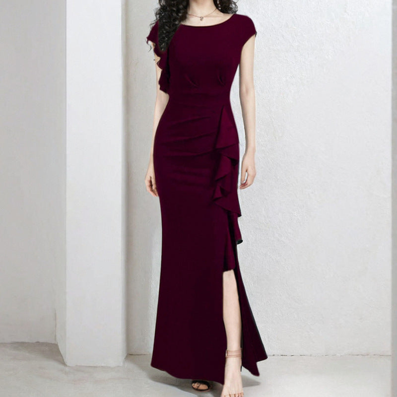 Damen elegantes Maxikleid mit Rüschendetails und seitlichem Schlitz R&B