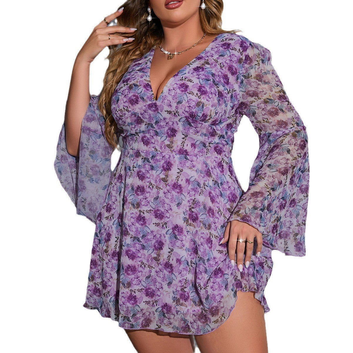 Damen Verspieltes Minikleid mit floralen Mustern und weitem Ärmel R&B