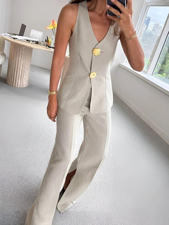 Damen elegantes Jumpsuit mit vordere Knopfleiste und weitem Bein R&B