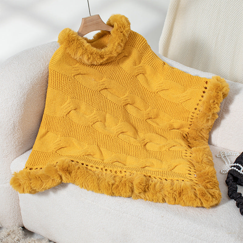 Damen kuschelige Strick-Poncho mit weichem Kunstfellbesatz und Zopfmuster R&B