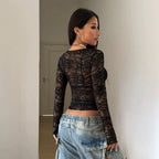 Damen nan tailliertes transparentes Spitzen-Longsleeve mit floralem Ajourmuster und Stretch R&B