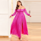 Damen Off-Shoulder Maxikleid mit hohem Schlitz und Rüschendetails R&B